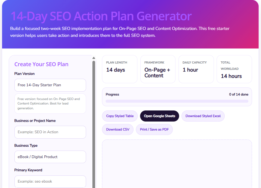 14 days seo action plan free
