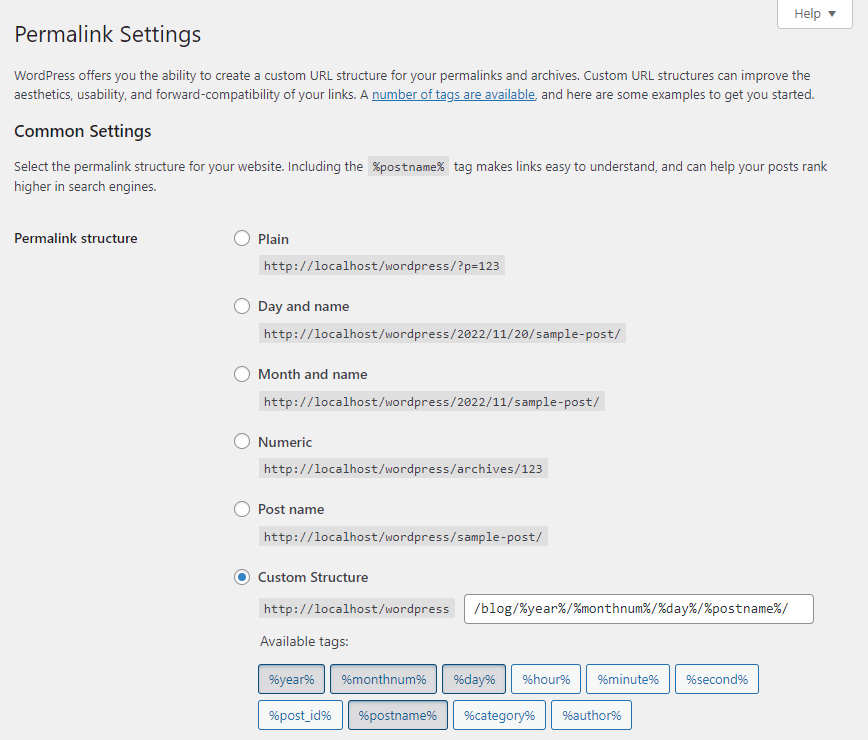 screenshot of WP permalinks settings