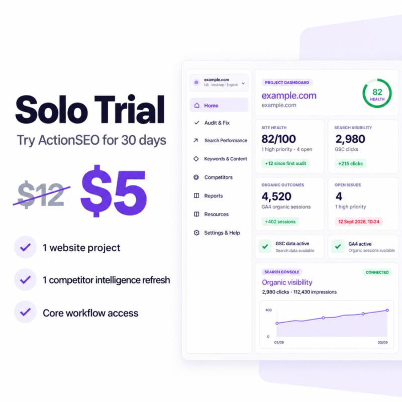 Solo trial plan for ActionSEO Audit and reporting tool