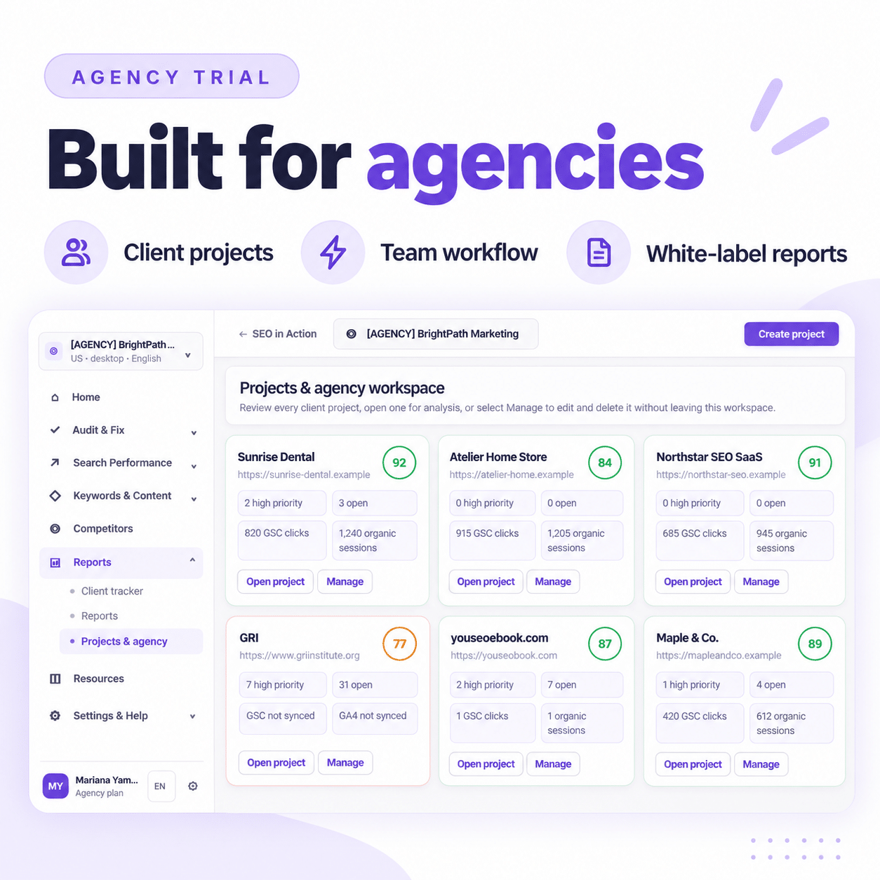 ActionSEO Agency plan trial projects