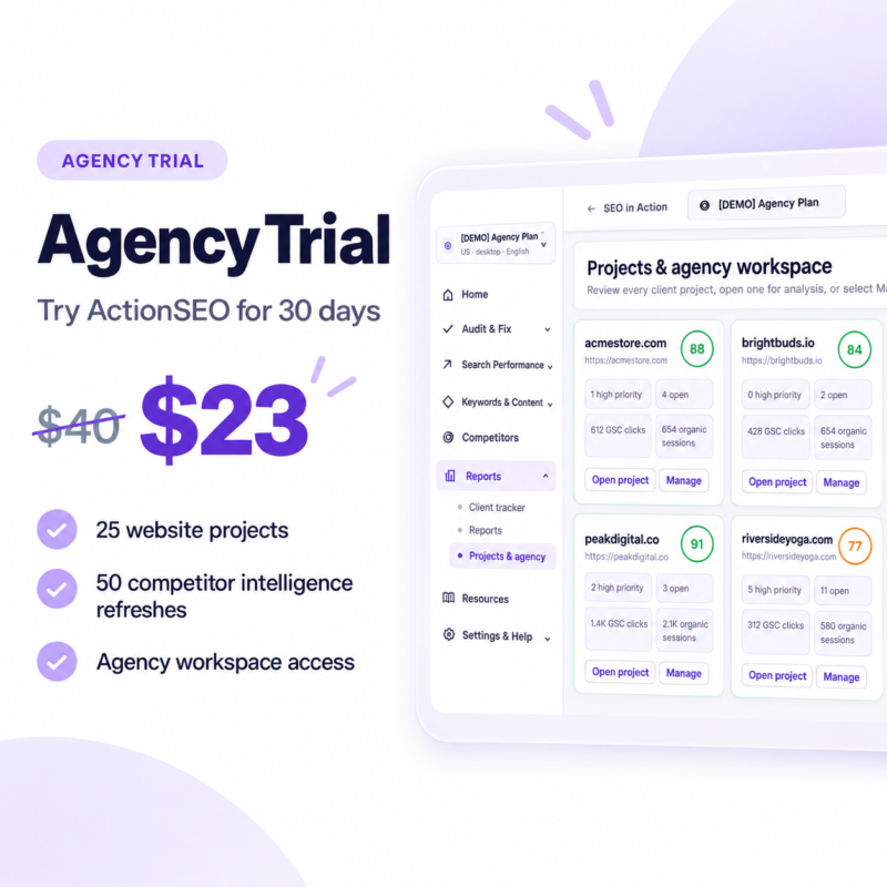 ActionSEO Agency plan trial dashboard view