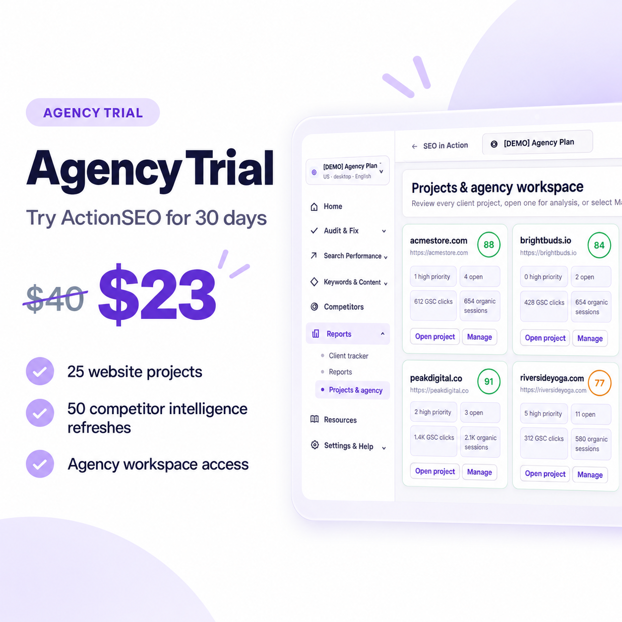 ActionSEO Agency plan trial dashboard view