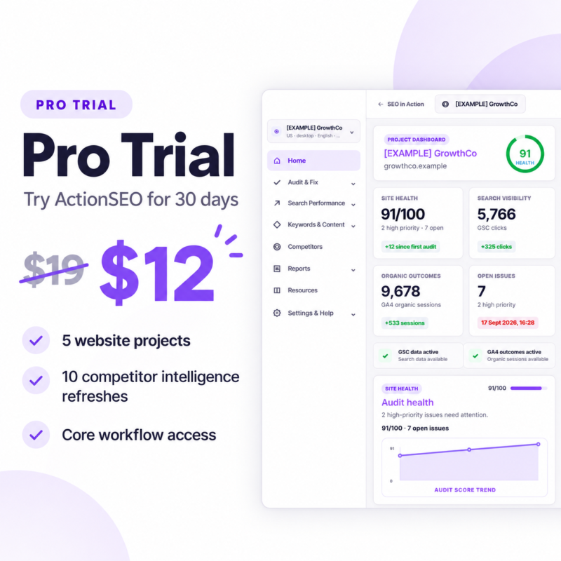 Pro trial plan for ActionSEO Audit and reporting tool