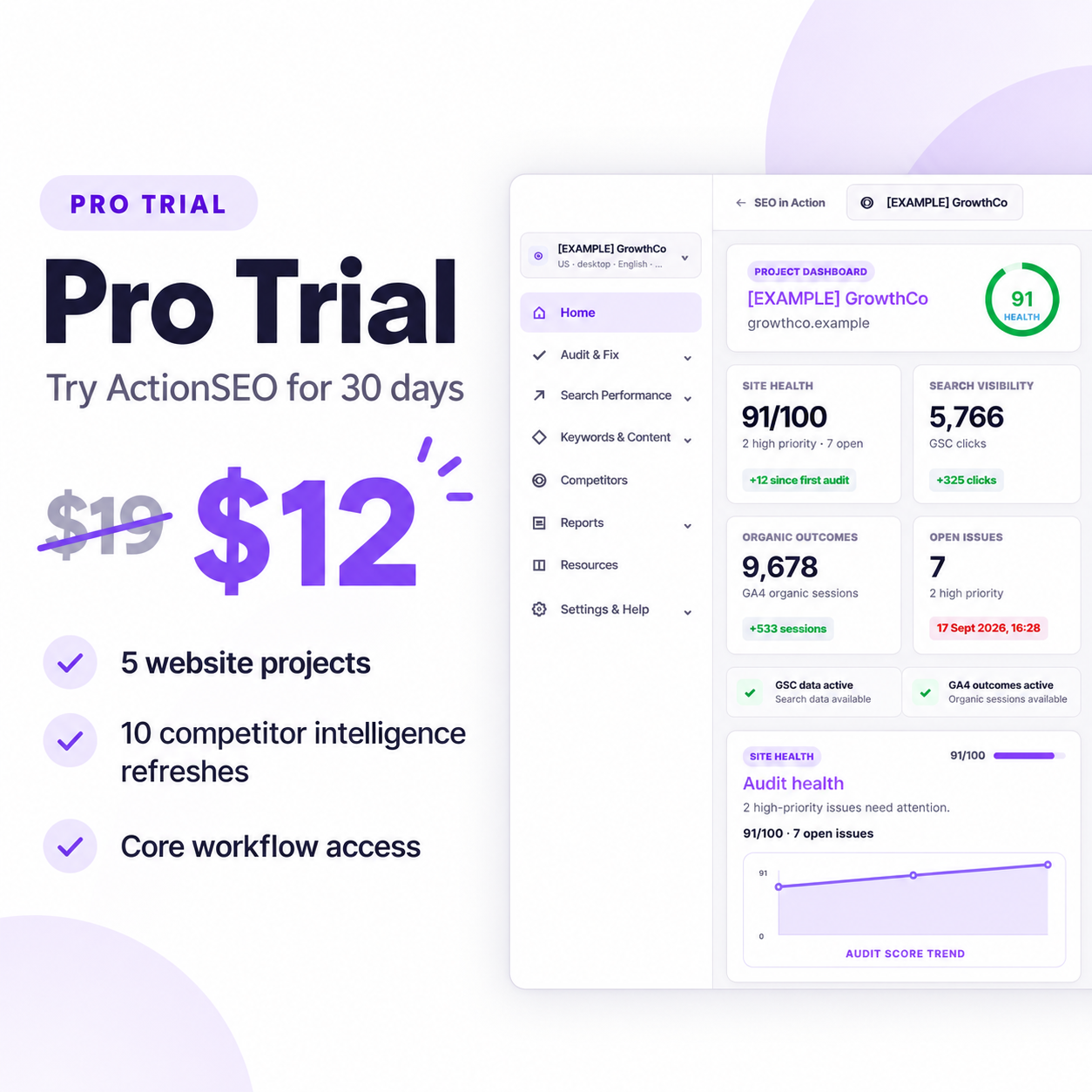 Pro trial plan for ActionSEO Audit and reporting tool